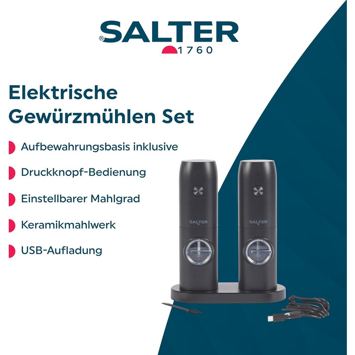 Набір електричних мельниць для солі та перцю Salter - регульований ступінь помолу, прозорі вікна, кнопка, база для зберігання, USB-кабель, керамічний механізм, підсвічувана база
