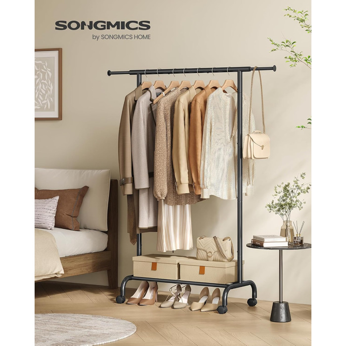SONGMICS Clothes Rack with Wheels, Extendable Clothes Rod, Garment Rack made of Steel Pipes, Elevated Storage Rod, 40 x (83-120) x 156 cm, Cloud White HSR134W01 (Ink Black)