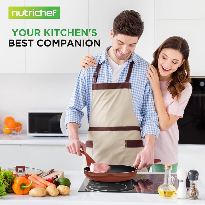 Набір посуду NutriChef Space Saver 17 предметів з антипригарним покриттям - коричневі каструлі та сковорідки з компактним дизайном, складані ручки, сумісний з індукцією