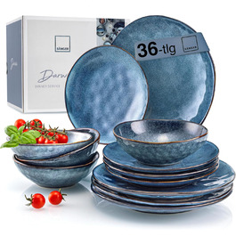 SÄNGER | Darwin 36-Piece Tableware Set, 12-Person Stoneware Dinnerware Set, Blue Plate Set including Dinner Plates, Dessert Plates & Deep Plates, Dinnerware, Dinner Set Handmade | PREMIUM COLLECTION Tableware Set 36 Pieces