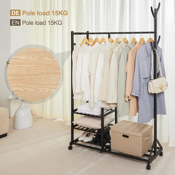 Yorbay Bamboo Clothes Rack with Wheels, Clothes Rail, 3 Shelves and 6 Hooks, Tree Shape, 100 x 38 x 176 cm (Black)