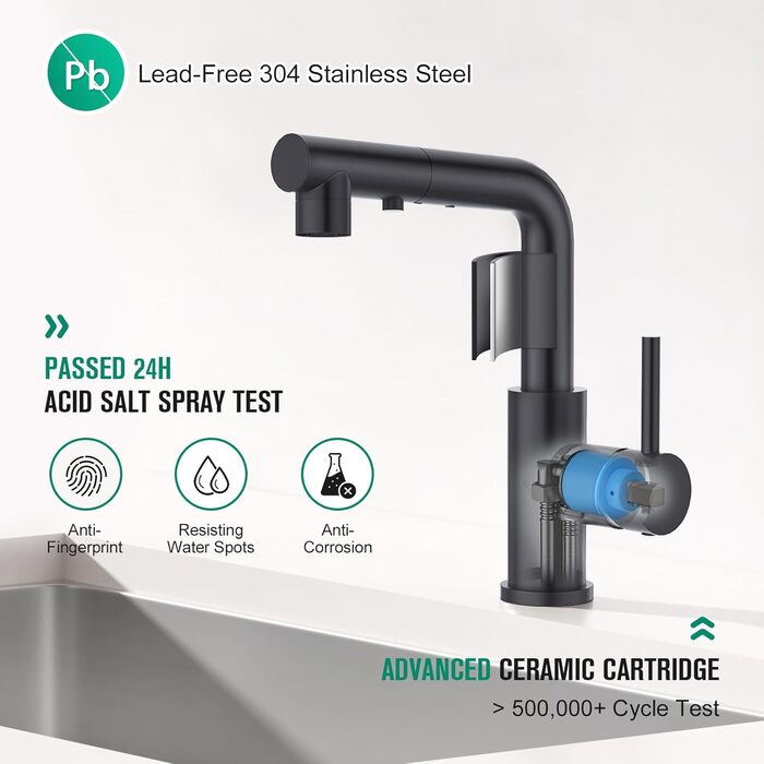 Кухонний змішувач CREA з 3 функціями: душ, висувний вилив, поворот 360°. Матовий чорний, для кухні.