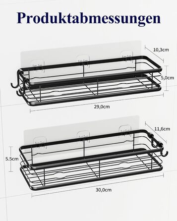 Набір душових поличок Kitsure (3 шт.) без свердління, нержавіюча сталь, чорний, великий (W 30 см)