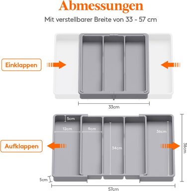 Органайзер для столових приборів Lifewit в шухляду, розширюваний 33-57 см, сірий - пластиковий тримач для ножів, виделок, кухонний органайзер 38 см