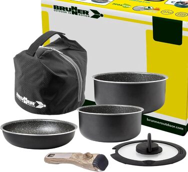 Набір посуду для кемпінгу BRUNNER з алюмінію (каструлі та сковорідки) - діаметр 20, 22, 24, 26 см, Pirate Vakublock, на 4 особи, з покриттям, легкий, високоякісний, стікений, 4+1 частина, міні діаметр 20 см