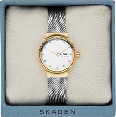 Жіночий кварцовий годинник Skagen Freja Lille 26 мм, сріблястий з золотистими елементами, сталевий або шкіряний ремінець