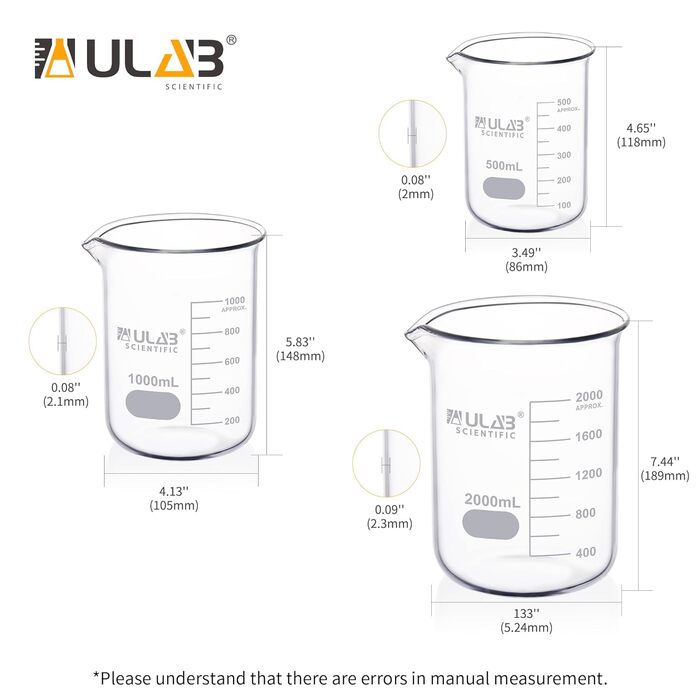 ULAB Scientific набір мірних склянок 500/1000/2000 мл, боросилікат 3.3, низька форма з градуюванням