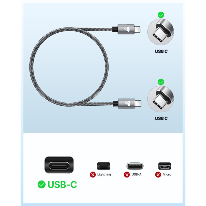 Кабель USB-C на USB-C 2 шт. 100W, 2м, сірий. Підтримка PD, швидка зарядка, нейлон. Сумісний з iPhone, Samsung, iPad, MacBook, Pixel, Switch