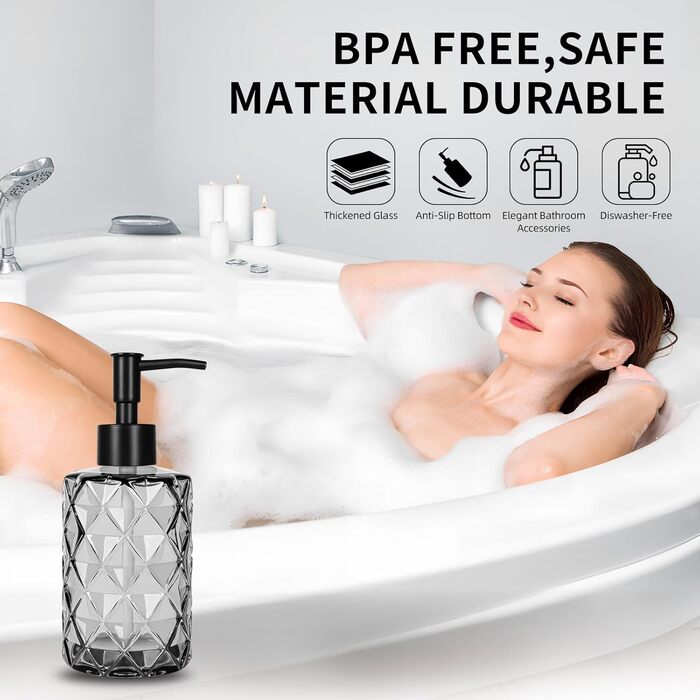 Дозатор мила чорний, скляний з нержавіючою сталею, 330 мл, для ванної кімнати та кухні, з підставкою