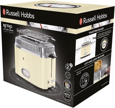 Russell Hobbs Toaster [for 2 slices] Retro Stainless Steel Cream (Retro-style countdown display, includes bun warmer, 6 browning levels + defrost & reheat function, 1300W) Vintage 21682-56
