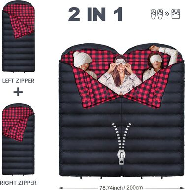 Сплячий мішок Outdoor Winter для дорослих, Extra Wide, 3-4 сезони, XXL, теплий бавовняний фланелевий ковдровий спальний мішок для кемпінгу, походів, пригод, 230 * 100CM, червоний, L-Zip, 0℃