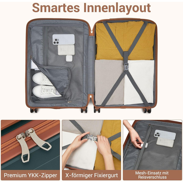 KONO Набір валіз 3 шт: велика, середня, маленька. Валізи з поліпропілену, з TSA замком, 4 колеса, темно-зелений/коричневий.