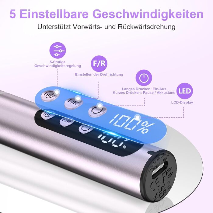 Електричний фрезер для нігтів бездротовий - 12 в 1, 35000 об/хв, для гелю, акрилу, манікюру та педикюру, фіолетовий