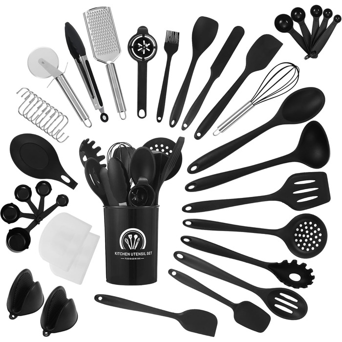 Набір кухонних помічників 43 шт. Силіконовий набір лопаток для приготування їжі, стійкий до високих температур та з антипригарним покриттям. Набір кухонних аксесуарів бежевого кольору з контейнером, гачком для зберігання, придатний для миття в посудомийні