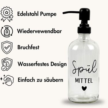 Glass Soap Dispenser 500ml - Dish Soap Dispenser for Kitchen, Soap Dispenser for Bathroom, Black Pump Dispenser (Clear Glass Hand Soap with Metal Dispenser)