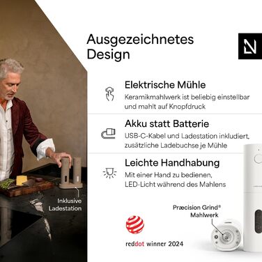 Електричні млини для солі та перцю LARS NYSØM з керамічним жорном | USB, автоматичний дозатор, набір 2 шт. (Pure White)