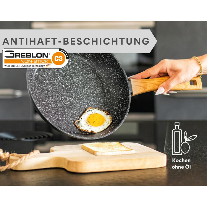 Набір сковорідок DIVORY 3 шт. (20, 24, 28 см) з антипригарним покриттям для всіх плит, включаючи індукційні. Безпечні ручки, придатні для миття в посудомийній машині.