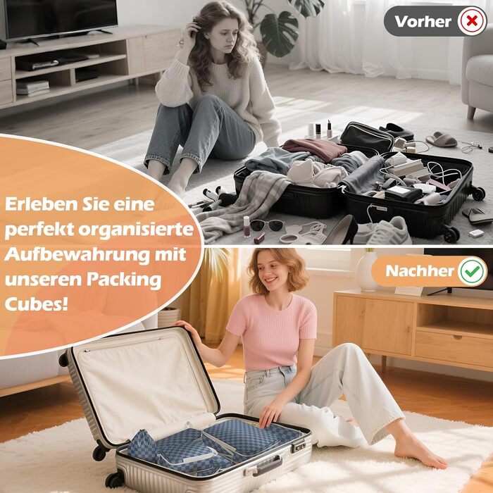 VnioLife Набори для пакування валізи - 8 шт. Органайзери для подорожей, компресійні кубики, синій та сірий