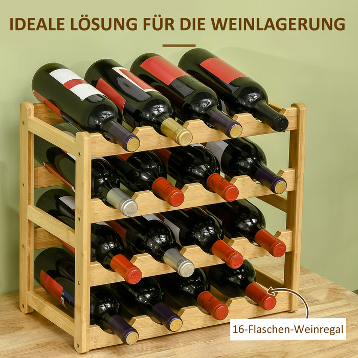 HOMCOM Bamboo Wine Rack Bottle Stand for 16 Bottles, 43x23.5x38cm, Stylish Natural Wood Design for Kitchen & Living Room