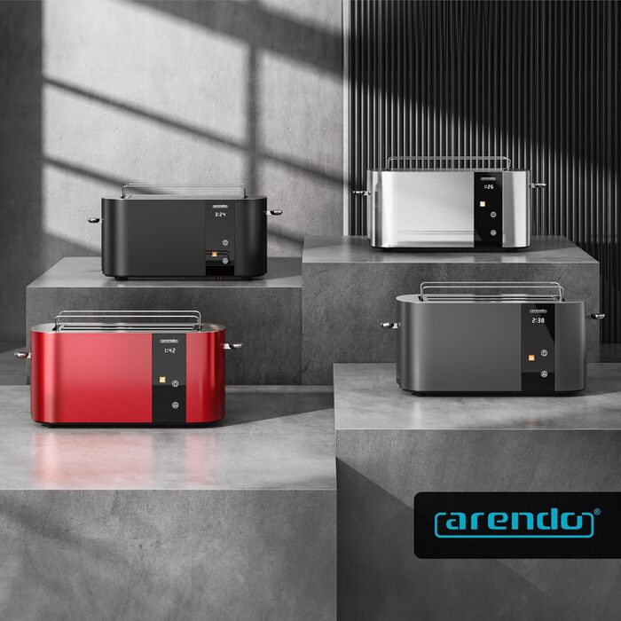 Тостер Arendo з нержавіючої сталі, 4 слоти, сенсорний екран, подвійні стінки, 1500 Вт, підставка для булочок, 6 ступенів підсмажування, центрування хліба, таймер, пам'ять, колір: сталевий