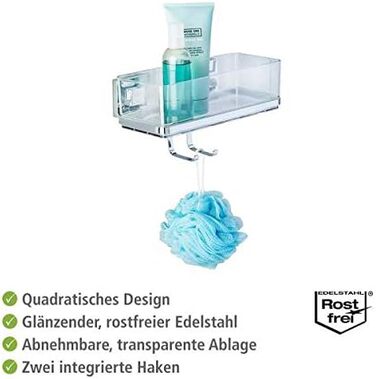 WENKO Vacuum-Loc Bathroom Wall Shelf Quadro with Hooks, 2 Tiers, with Removable Bowl, Mounting without Drilling, Stainless Steel/Plastic, 25.5 x 15 x 14 cm