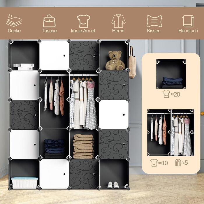 Wardrobe, Portable Shelf System, 20 Cube DIY Shelf System Wardrobe Open Plastic Closet with Doors Wardrobe Closet White 180 x 142 x 37CM (20 Cubes - Black and White with 2 Clothes Hooks)