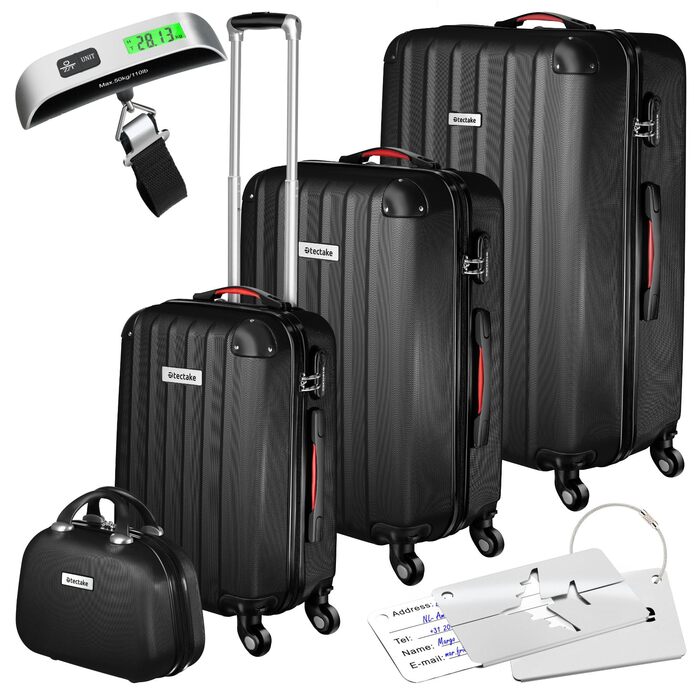 Набір валіз Tectake® 4 шт. з ваговою та ідентифікатором, 360° колеса, жорсткий корпус з кодовим замком, велика валіза, вкладна, ручний багаж (Чорний)