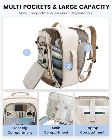 Рюкзак LOVEVOOK для ручної поклажі в літак, 40L, водонепроникний, для жінок, з відділенням для взуття та ноутбука 17.3 дюймів, бежевий + хакі