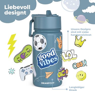 Дитяча термопляшка Bearfoot з нержавіючої сталі з трубочкою, 400 мл, без BPA, не протікає, для малюків, дівчаток та хлопчиків, ідеально для школи та садочка (Блакитна з наліпкою)