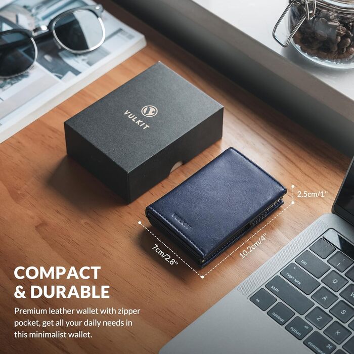 Чохл для кредитних карт VULKIT з RFID-блокуванням, з натуральної шкіри, з відділенням для грошей, віконцем для посвідчення, відділенням для монет та магнітною застібкою (Морський колір)