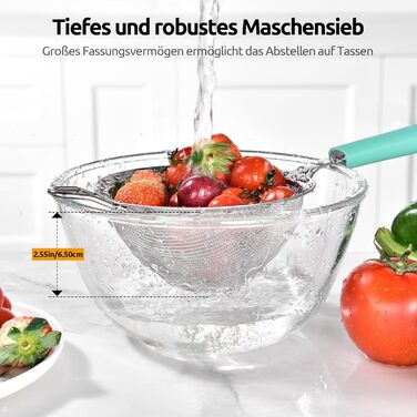 U-Taste дрібносітчасте кухонне сито з нержавіючої сталі 18/8, середнє металеве сито з міцною заклепкою та силіконовою ручкою, для борошна, чаю, рису, кіноа (Aqua Sky, 12 см)