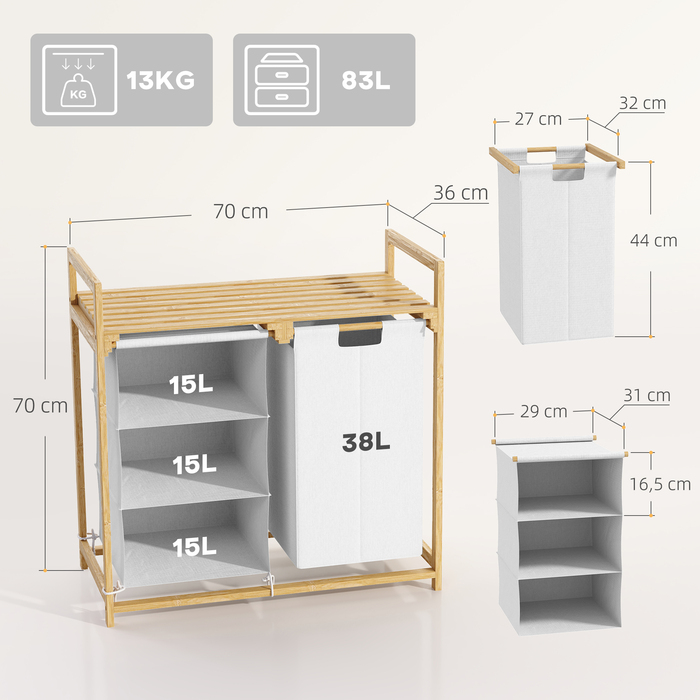 HOMCOM Laundry Basket with 4 Compartments, Laundry Sorter with 2 Removable and Washable Non-Woven Fabric Laundry Bags, Storage 83L Laundry Box with Handle, Laundry Sorter 70 x 36 x 70 cm Bamboo White | Aosom