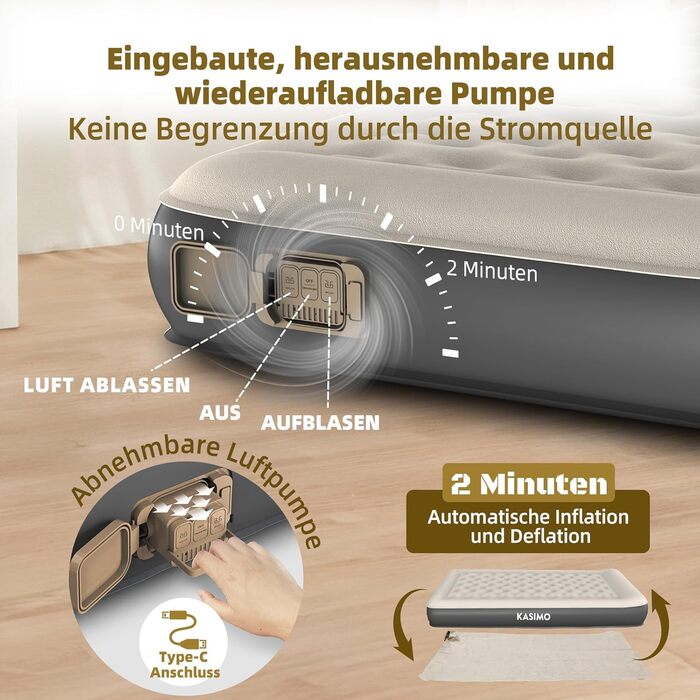 Надувний матрац KASIMO TPU самонадувний 1-місний з електричним насосом та подушкою, 190x90x22 см для дому та кемпінгу