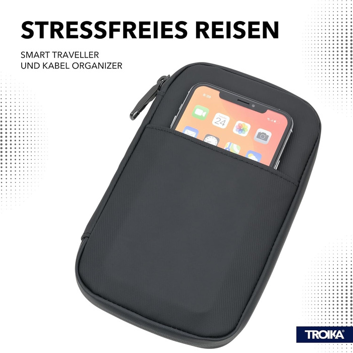 TROIKA Smart Traveller and Cable Organizer Black TECH Traveller – Front Pocket, Zip Pocket, Card Slots – Polyester, Polyurethane, Tarpaulin (Canvas) – Black Original