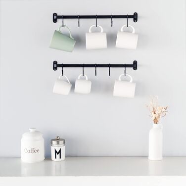 Dahey Mug Holders, Wall Mounts, Metal Coffee Cup Hangers with 10 Cup Hooks, Cup Display Shelf, Rustic Utensil Cup, Storage Organizer for Kitchen, Dining Room, 2-Piece Set, Black