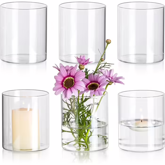Glasseam Glass Cylinder Vase Small Vases for Table Decoration, Clear Flower Vase Modern Glass Vases Piece, 10 x 8.5 cm Flower Vases Glass Cylinder Candle Holders Table Vase for Living Room Wedding Decoration (6, 10cm)
