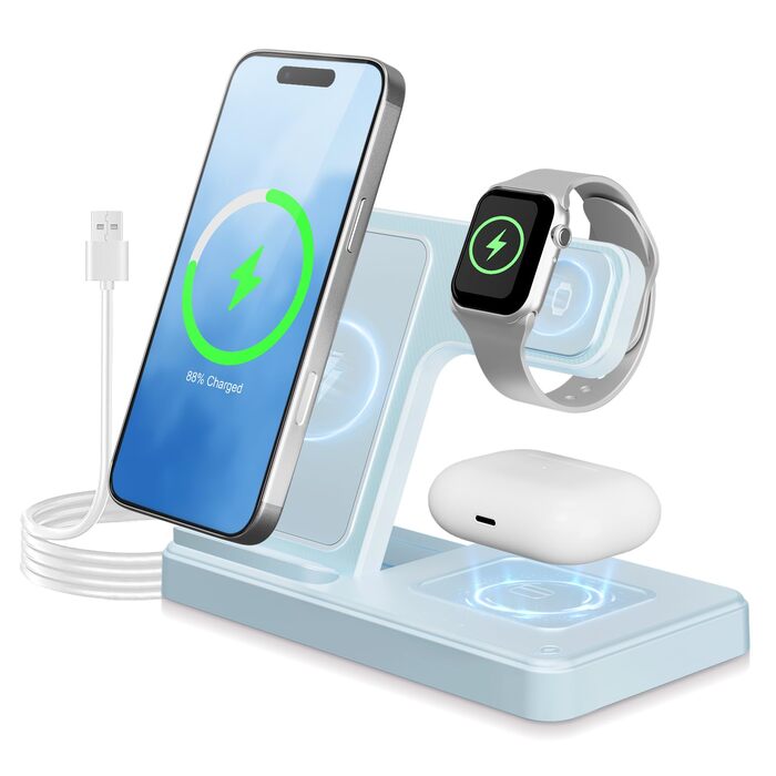 Бездротова зарядна станція 3-в-1 15W для iPhone 17 Pro Max Plus/16/15/14/13, Apple Watch Ultra 3/10/9/8/SE, AirPods Pro 4/3/2 – Рожева