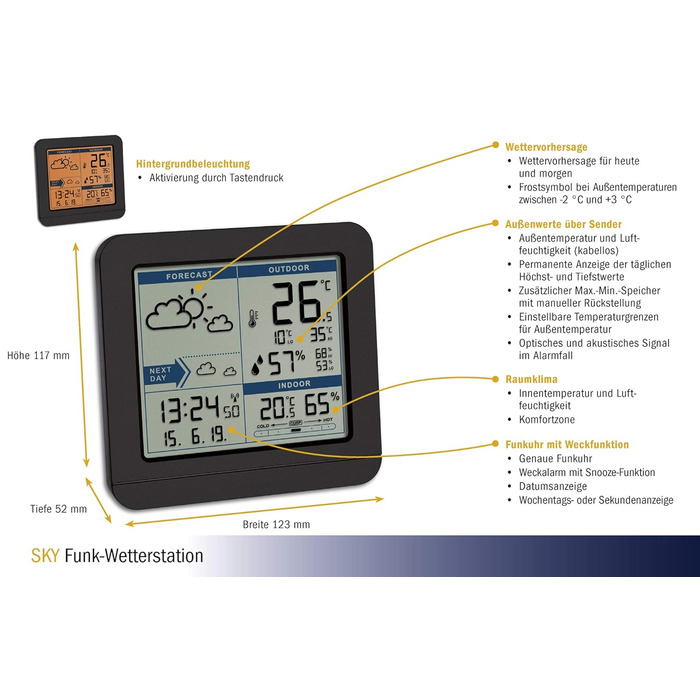TFA Dostmann digital radio weather station SKY, 35.1152.01, with outdoor sensor, temperature & humidity inside/outside, weather forecast, high/low values, radio clock, 123 x 52 x 117 mm, black