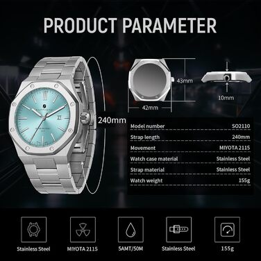 Годинник чоловічий SAPPHERO з нержавіючої сталі, водонепроникний (30M), кварцовий, з японським механізмом, з датою, синій циферблат, для бізнес-стилю