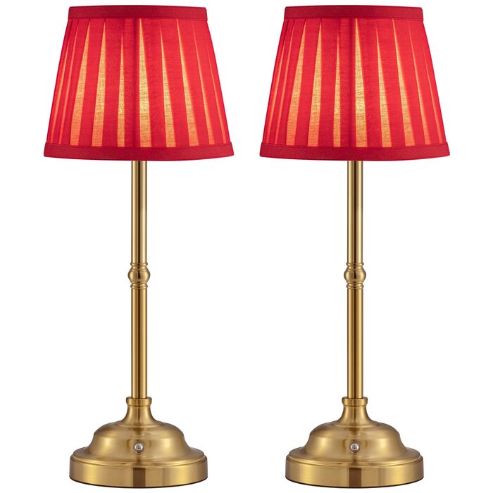 LED Настільна лампа бездротова, димована вінтажна приліжкова лампа, ретро акумуляторна настільна лампа 4000mAh, для дому, бару, вітальні (Золото + Червоний абажур, 2 шт)