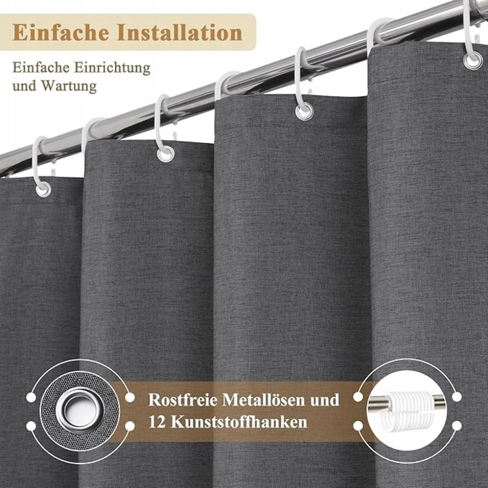 Текстильна штора для ванни, сіра, 180x180 см, на кільцях