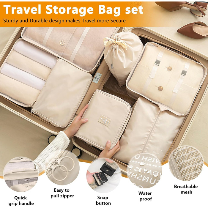 Набір органайзерів для валізи 12 шт. Packing Cubes, бежевий - Розділювачі для одягу в подорожі та на відпочинок