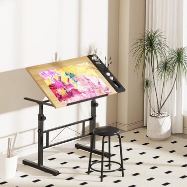 Adjustable Drafting Table with Tilt - 0-60° - Drawing Table, Computer Desk with Stool & Storage Cabinets - Wood Finish
