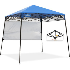 Folding Canopy with Slanted Legs 2.4x2.4m Waterproof Pop-up Pavilion with Side Walls, including Backpack, Blue