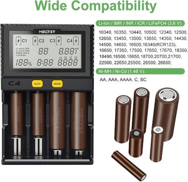 Зарядний пристрій для акумуляторів AUKSKY з LCD-дисплеєм (8 слотів) - універсальна зарядка для NI-MH, NI-Cd, AA, AAA, 14500, 18350, 21700, 26650, Li-Ion, LiFePO4, RCR123A (1.5A, 4 порти)