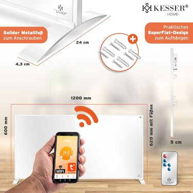 Інфрачервовий обігрівач KESSER® 700W: енергозберігаючий, з пультом, термостатом та керуванням через додаток. Підлоговий/стінний конвектор. Білий.