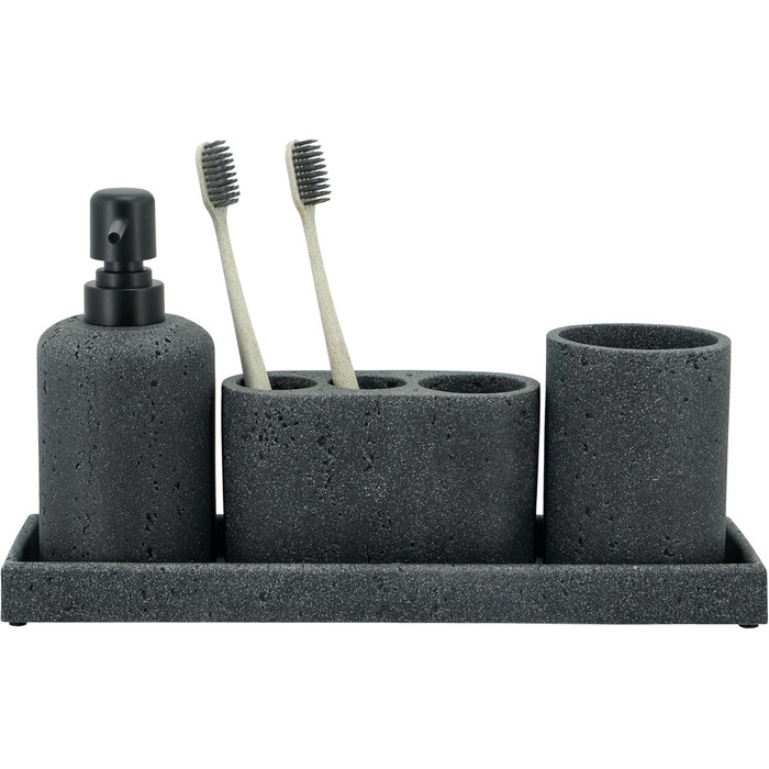 Набір для ванної кімнати ZCCZ 6 предметів: органайзер для зубних щіток, дозатор мила, мильниця, підставка для косметики та ватних паличок. Елегантний декор у мармуровій стилі, пісочний колір (чорний, 4 шт.)