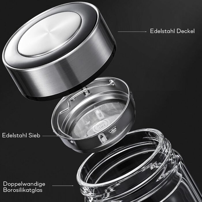 Double-walled glass tea bottle, 1 liter, with 2-in-1 stainless steel strainer for on-the-go use. 1000ml large volume, tea bottle 100% leak-proof, 1 l (350ml single serve).