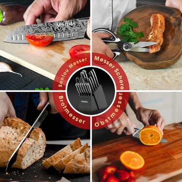 MOSFiATA 17-Piece Knife Set with Block - Professional Kitchen Knife Set with Titanium Coating, Stainless Steel, Scissors, Finger Guards & Gift Box