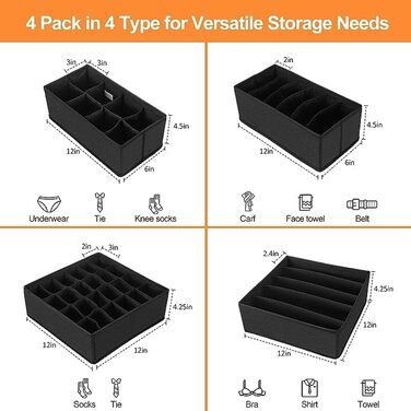 Styleys Set of 4 Foldable Storage Boxes, Drawer Dividers, Odorless Interior Lining, Storage Boxes, Closet Organizer, Under Bed Organizer for Clothes, Shoes, Underwear, Bras (Brown - S1014)